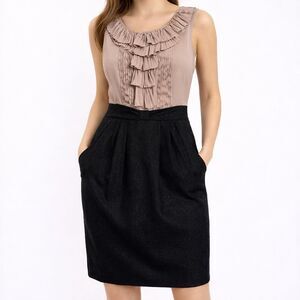 BCBG Paris Ruffle Neck Sleeveless Colorblock Dress Taupe Black Size 6 Medium